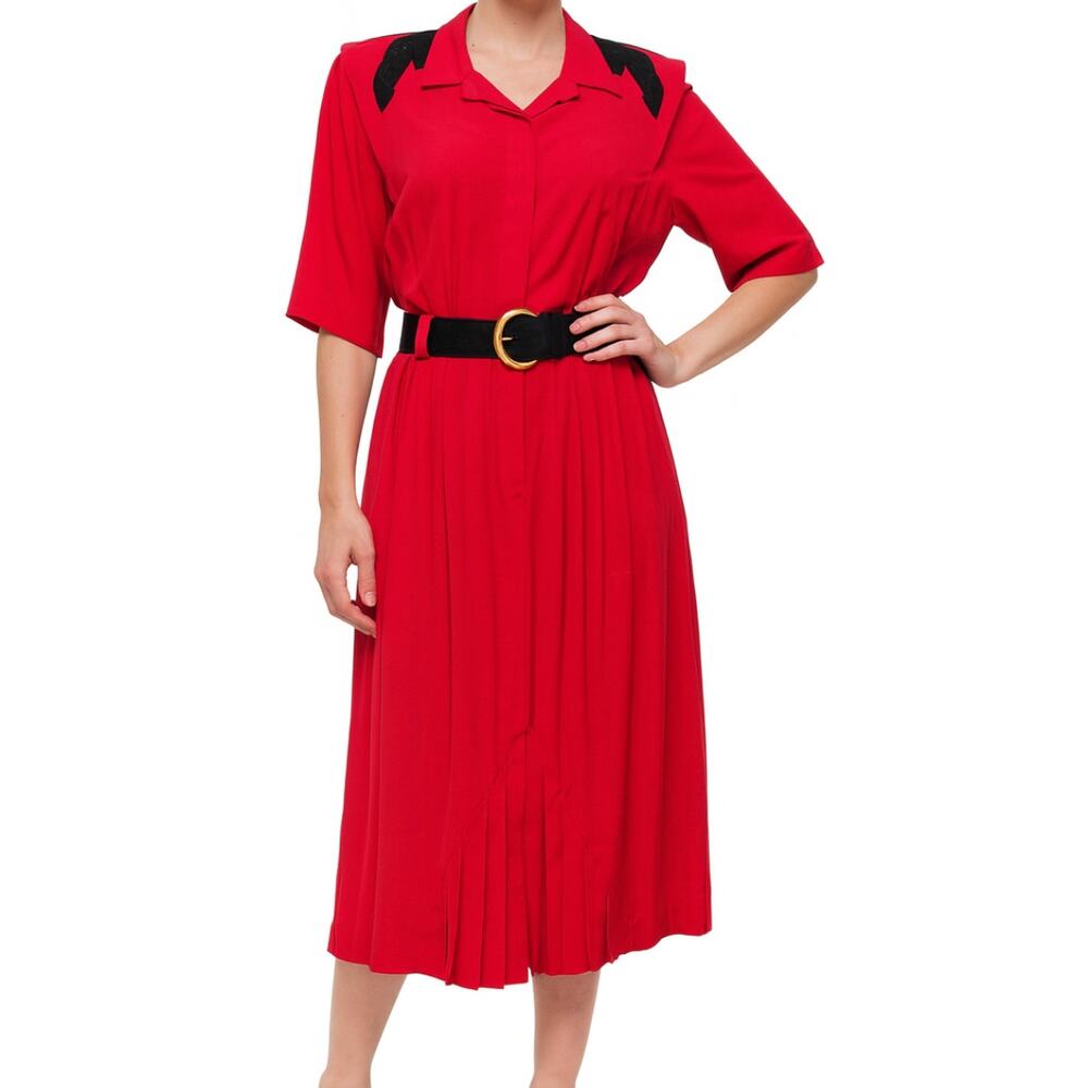 Vintage 80s Red Black Collared Belted Pleated Shoulder Pads Midi Dress size M - Picture 2 of 16